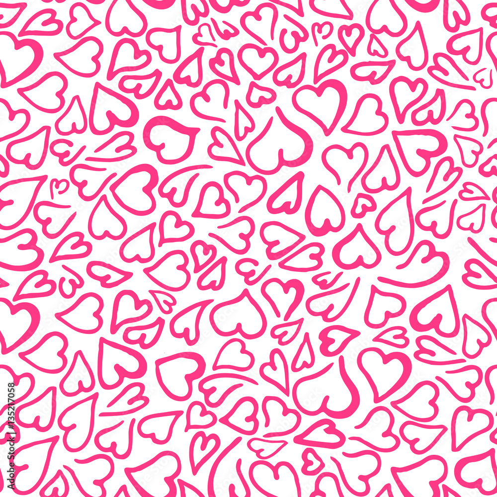 Romantic seamless pattern with elegant pink doodle hearts on a white ...