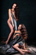 © cherry_d - beautiful twins young women with natural make-up and hair style posing naked covered with grey cloth