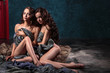 © cherry_d - beautiful twins young women with natural make-up and hair style posing naked covered with grey cloth