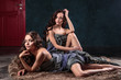 © cherry_d - beautiful twins young women with natural make-up and hair style posing naked covered with grey cloth