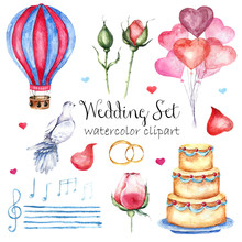 Watercolor Modern Elegant Wedding Style Set. Various Objects: Bride Bouquet With Roses, Peony, Pink Shoes, Naked Cake, Air Balloons, Pattern Flags Garland. Hand Painted Design .