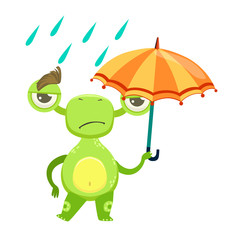 Wall Mural - Funny Monster Sad Walking Under Rain With Umbrella, Green Alien Emoji Cartoon Character Sticker