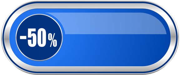 Poster - 50 percent sale retail long blue web and mobile apps banner isolated on white background.
