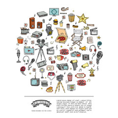 Wall Mural - Hand drawn doodle Cinema set. Vector illustration. Movie making icons. Film symbols collection. Cinematography freehand elements: camera, film tape, photo camera, pizza, popcorn, projector, microphone