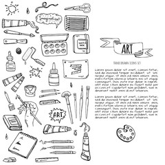  Hand drawn doodle Art and Craft tools icons set. Vector illustration design instruments symbols collection. Cartoon various tools: Brush Watercolor Paint Artist elements on white background. Sketch.