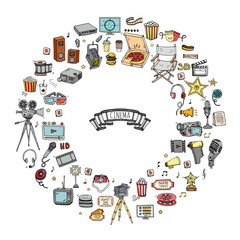 Wall Mural - Hand drawn doodle Cinema set. Vector illustration. Movie making icons. Film symbols collection. Cinematography freehand elements: camera, film tape, photo camera, pizza, popcorn, projector, microphone