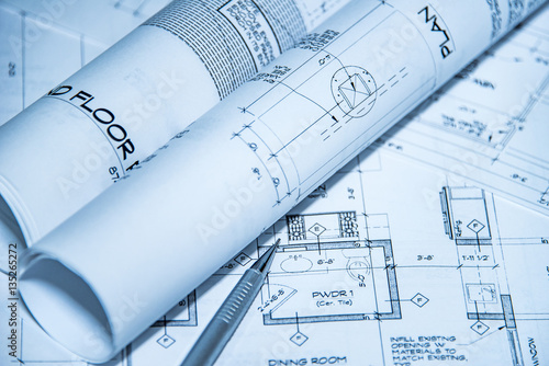 Fotografie, Obraz architecture blueprints and house plans on the table and technical pencil