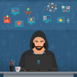 Hacker man hacking secret data on the laptop. Icon set. Modern transperance flat vector illustration.