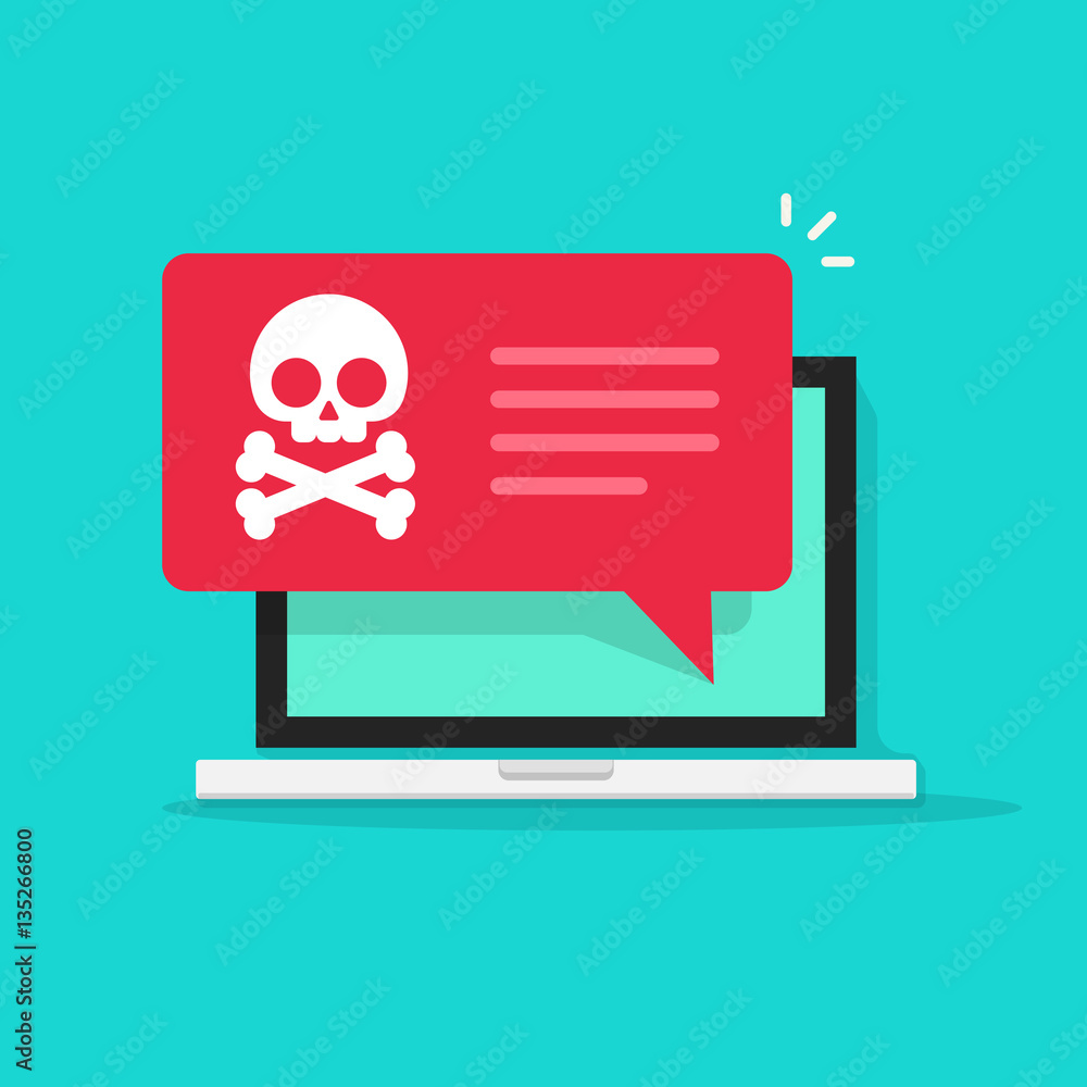 Malware notification on laptop vector illustration, flat style computer with skull bones bubble speech red alert, concept of spam data, fraud internet error, insecure connection, online scam, virus - obrazy, fototapety, plakaty 