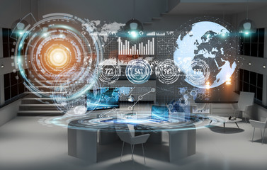 Aufkleber - Workplace with modern devices and hologram screens 3D rendering
