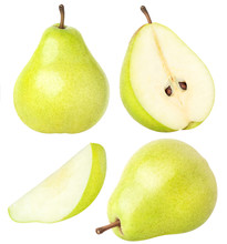 Isolated Pears. Collection Of Whole And Sliced Pear Fruits With Leaves Isolated On White With Clipping Path