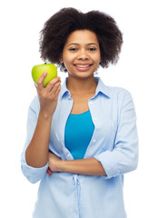 Canvas Print - happy african american woman with green apple