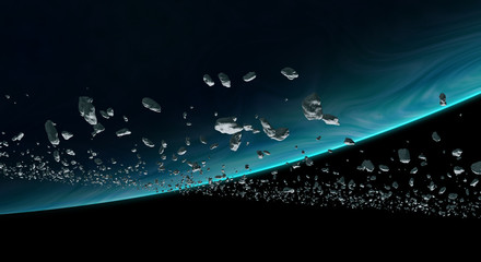Canvas Print - belt of asteroids orbiting a blue planet
