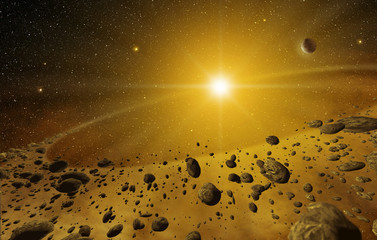 Wall Mural - shining explosion and scattered rocks in the outer space