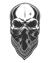 Canvas Print - Illustration of skull in bandana on face. Monochrome line work. Isolated on white background