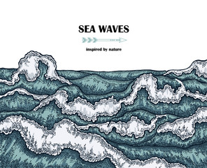 Hand drawn sea waves. Marine background in line art sketch style