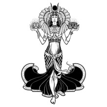 Egyptian Goddess Isis Balancing In Hands Black And White Lotus As A Symbol Of Life And Death. Vintage Art Nouveau Style Concept Art . EPS10 Vector Illustration.