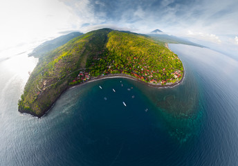 Wall Mural - Aerial panorama of the north east coastline of the island of Bali, region of the village of Amed. Indonesia