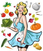 Pin Up Girl In An Apron With Vegetables Cooking Concept
