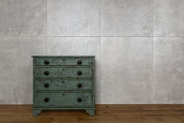 Antique wooden furniture against wall of marble