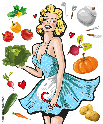 Nowoczesny obraz na płótnie Pin up girl in an apron with vegetables cooking concept