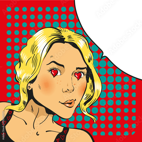 Fototapeta dla dzieci Pop Art girl with hearts in eyes comic retro vector