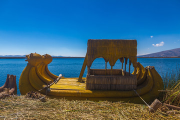 Peru, Titicaca lake, Uros Islands (cane islands). Local boat for the tourists made of cane.