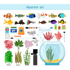 Aquarium underwater vector elements, corals and stones isolated on white background