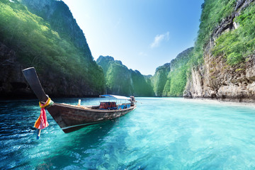 Wall Mural - boat and beautiful sea, phi phi island, thailand