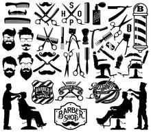 Men Barber Shop Labels, Silhouettes And Icon Elements Vector Collection