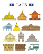 Laos Landmarks And Culture Object Set, Design Elements, Colourful, Line And Shape