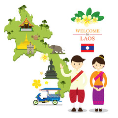 Wall Mural - Laos Map and Landmarks with People in Traditional Clothing, Culture, Travel and Tourist Attraction