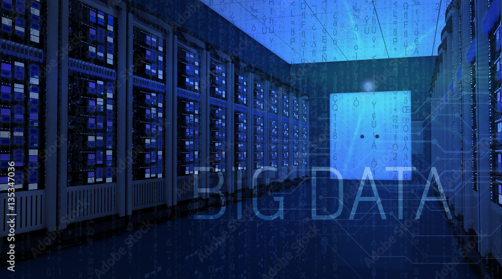 modern interior of server room in datacenter with big data text Stock ...