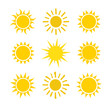 Yellow sun icon set isolated on white background. Modern simple flat sunlight, sign. Trendy vector summer symbol for website design, web button, mobile app. Stock illustration