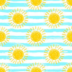 Sun pattern seamless, striped background. Hand drawn yellow sunshine icons. Cute hand-drawn summer symbols, Vector sketch