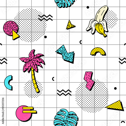 Poster Seamless pattern with tropical leaves, bananas and palm trees in retro funky sty