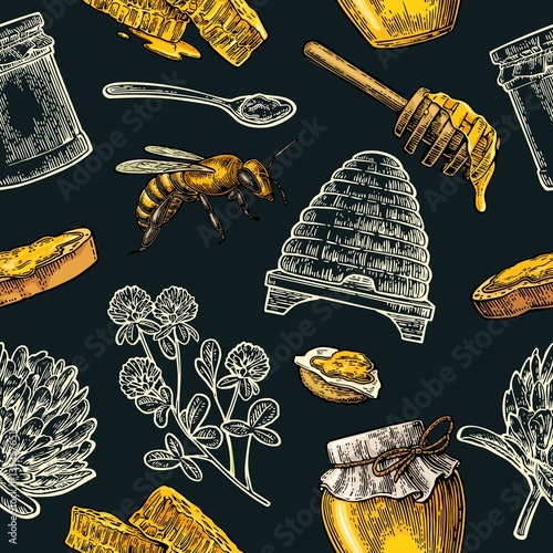 Cotton fabric Seamless Pattern with honey, bee, hive, clover, spoon, cracker, honeycomb.