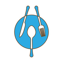 Sticker - blue plate with cutlery icon image design, vector illustration