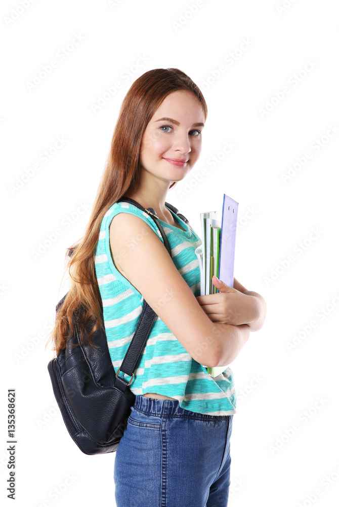 Cute teenage girl with backpack isolated on white