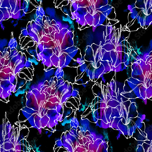 Seamless Floral Pattern Gladiolus Flowers Watercolor And Outline Neon Colors On Black Background Fabric Texture Stock Illustration Adobe Stock