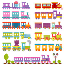 Toy Train Different Cartoon Vector Illustration.