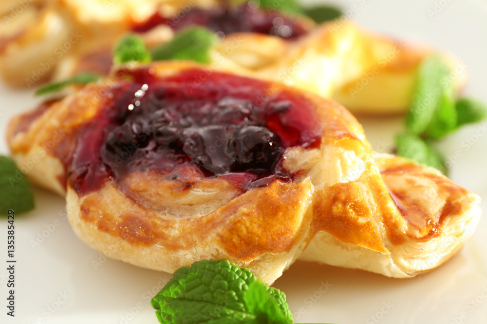 Sweet tasty pastries with jam, closeup