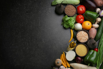 Wall Mural - Fresh vegetables on gray background, top view