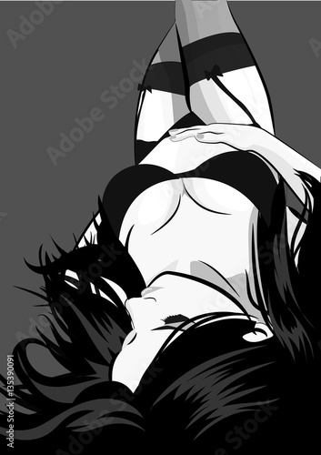 Obraz w ramie Sexy Girl in in black lingerie Lying Down - Vector Illustration