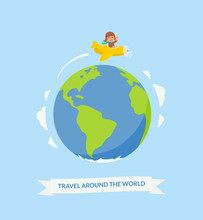 Cartoon Boy Riding Plane Around The World. Air Travel. Cute Pilot On A Yellow Airplane Flying Over The Planet Earth. Vector Illustration In Flat Style.