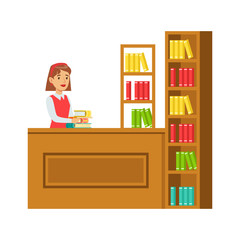 Poster - Librarian Putting The Books Back On Bookshelf, Smiling Person In The Library Vector Illustration