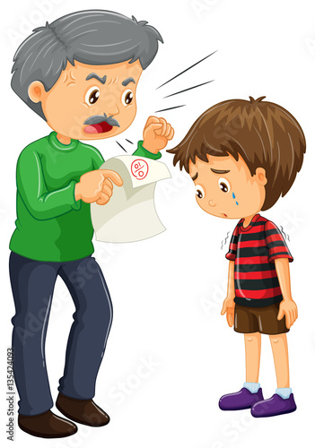 Angry father and boy with bad grades on paper Stock Vector | Adobe Stock