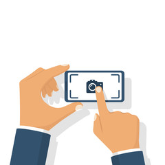 Making photo smartphone hold in hand. Touching finger screen mobile phone. Photo icon. Vector illustration flat design. Isolated on white background.