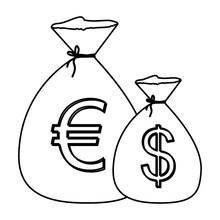 Monochrome Contour With Money Bags With Currency Symbol Dollar And Euro Vector Illustration