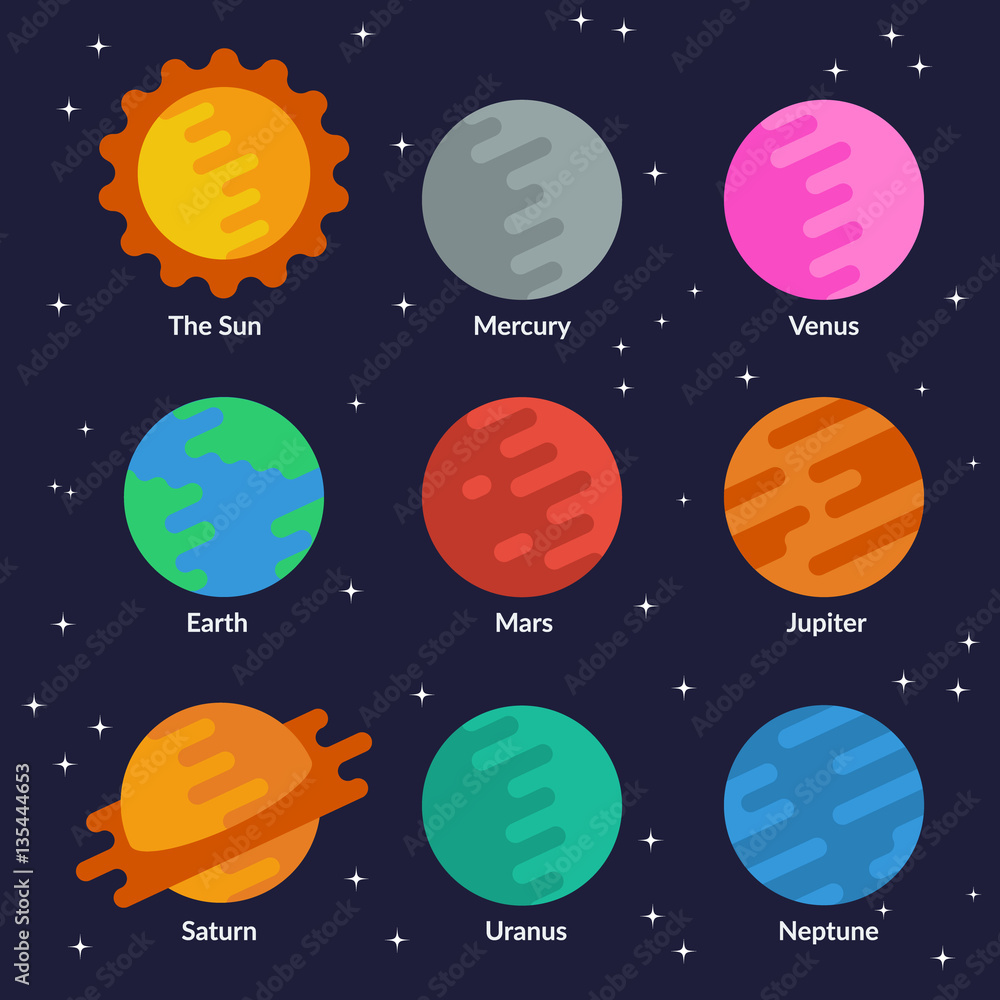 Solar system planets and the sun. Vector set in flat style. Stock ...